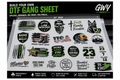 A promotional graphic for a DIY DTF gang sheet showing multiple editable graphic sticker designs arranged on a white sheet. The top text reads 'BUILD YOUR OWN DTF GANG SHEET' and 'UPLOAD, ARRANGE, WE PRINT.