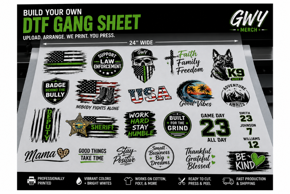 A promotional graphic for a DIY DTF gang sheet showing multiple editable graphic sticker designs arranged on a white sheet. The top text reads 'BUILD YOUR OWN DTF GANG SHEET' and 'UPLOAD, ARRANGE, WE PRINT.